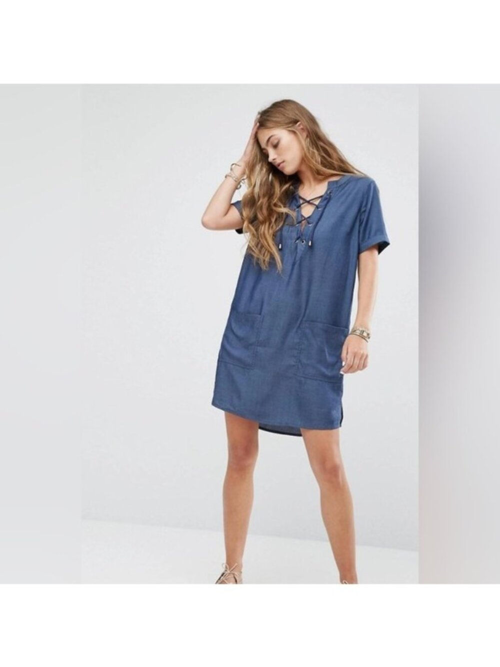 Lace-Up Chambray Shift Dress With Pockets Short Sleeves Blue (G825)